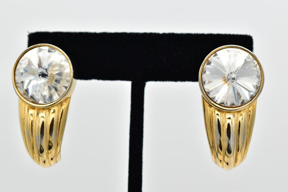 Erwin Pearl Vintage Crystal Clip On Earrings Chunky Rhinestone PEP Signed 80s 9L
